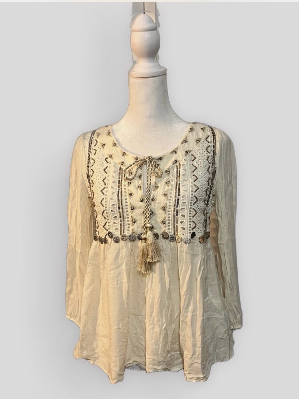 Abercrombie & Fitch Cream Embroidered Peasant Tunic with Tassel
